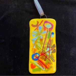 Happiness” Design Fused Art Glass  Handmade Hanging Plaque 9”x4.5” Origin…